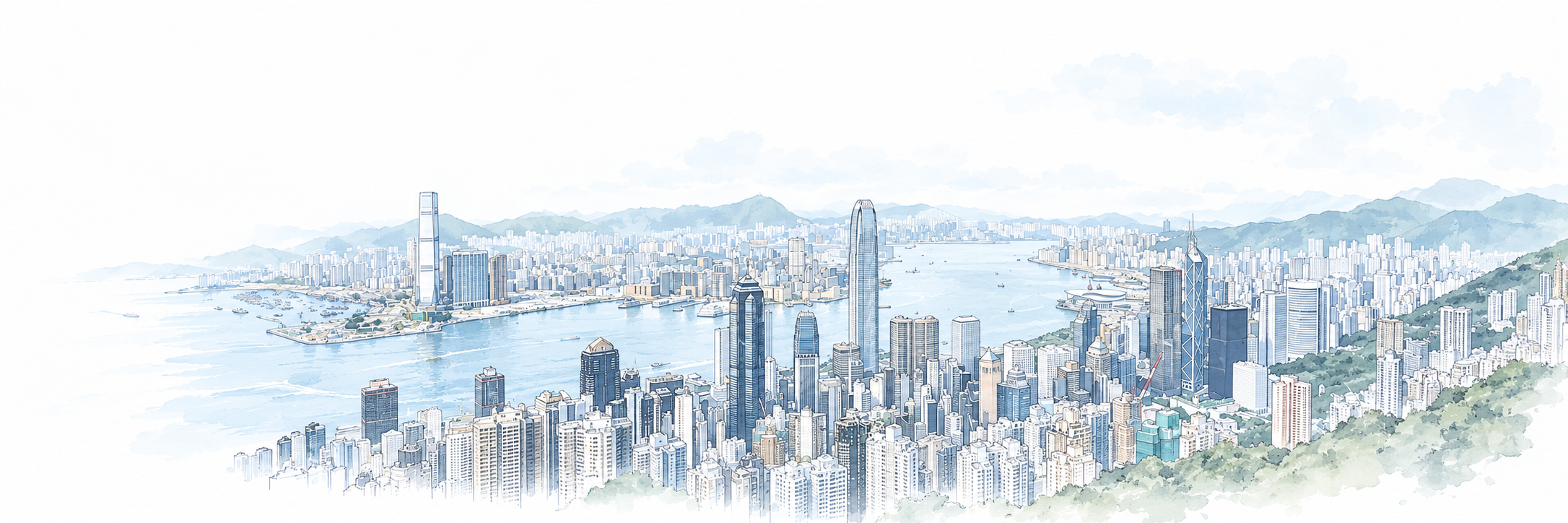 Architectural watercolor panorama of Victoria Harbour, Hong Kong